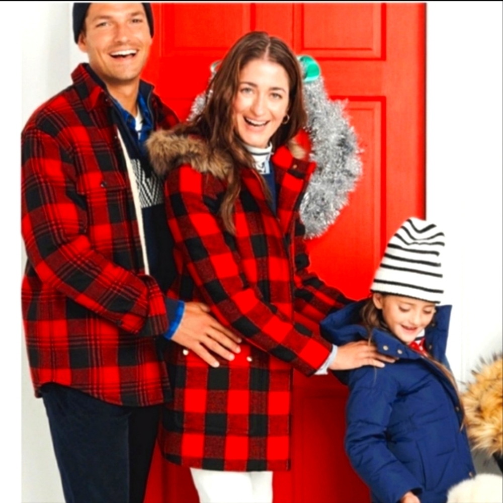 J. Crew Vail Parka Buffalo Plaid Wool BC287 Pea Coat Classic Hooded Faux Fur